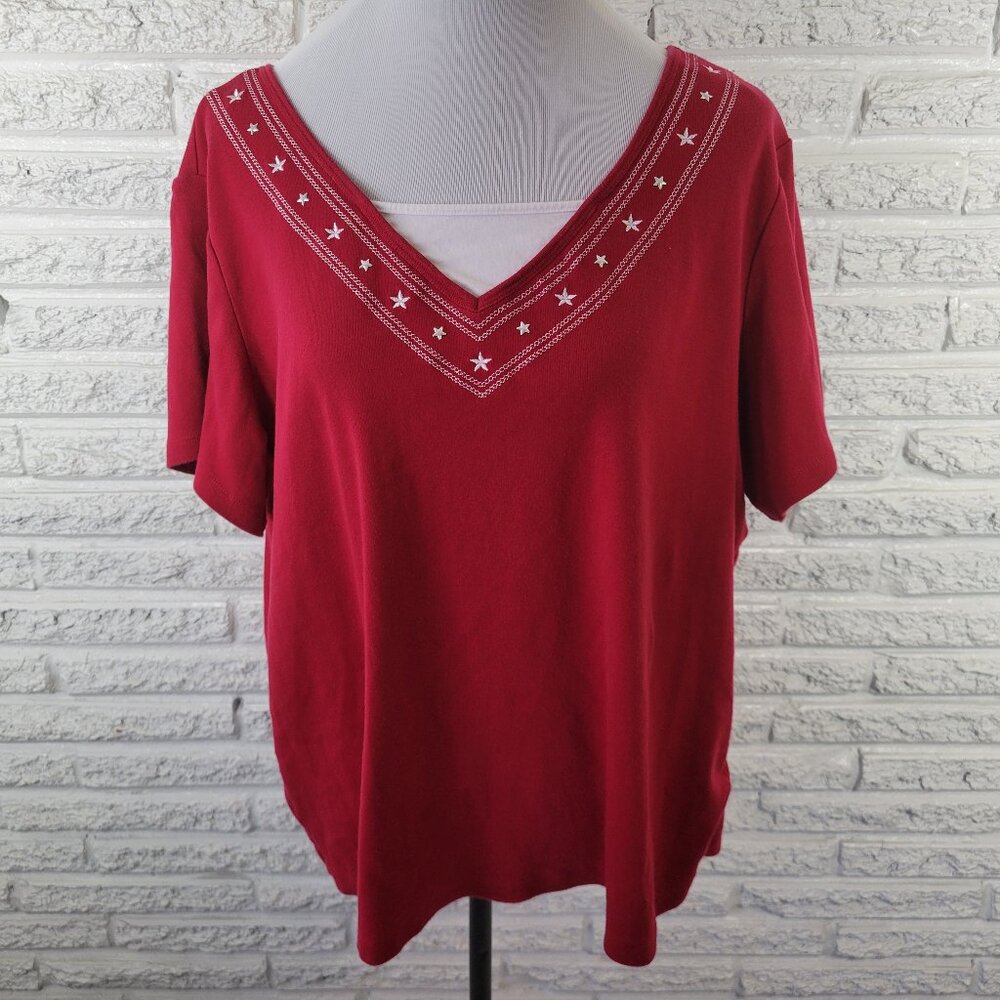 Rebecca Malone Womens 2X Plus Tee Red 100% Cotton Embroidered Stars RED75E